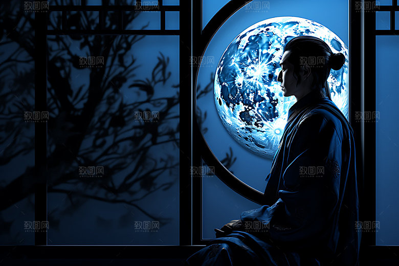 月亮人物剪影中国风传统佳节插画