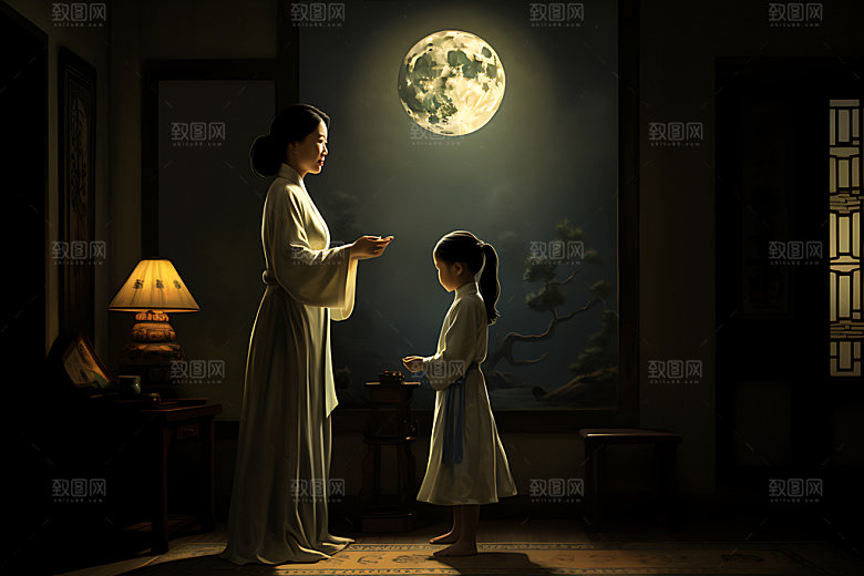 月亮人物剪影传统佳节中秋赏月插画