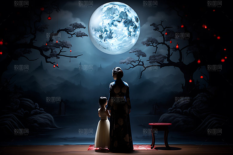 月亮人物剪影传统佳节思乡插画