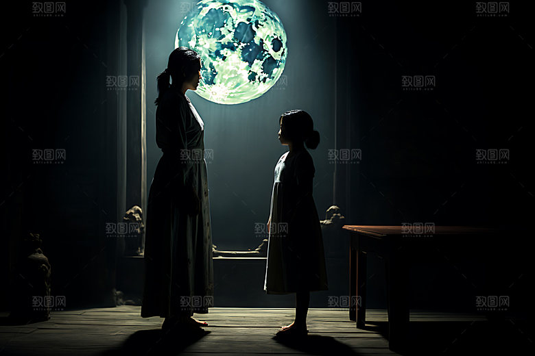 月亮人物剪影中秋赏月中秋节插画