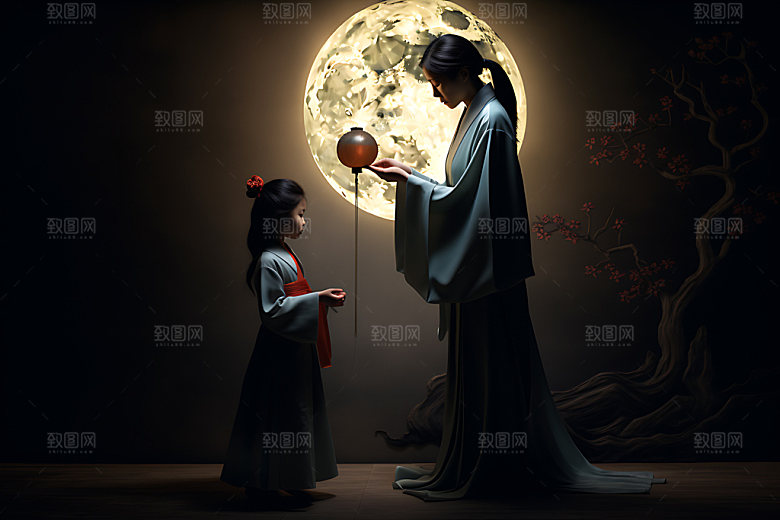月亮人物剪影传统佳节中秋节插画