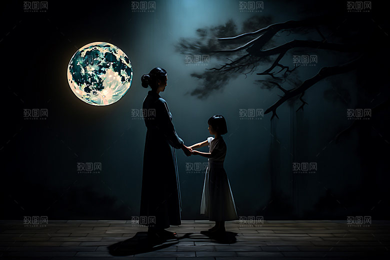 月亮人物剪影中秋赏月思乡插画