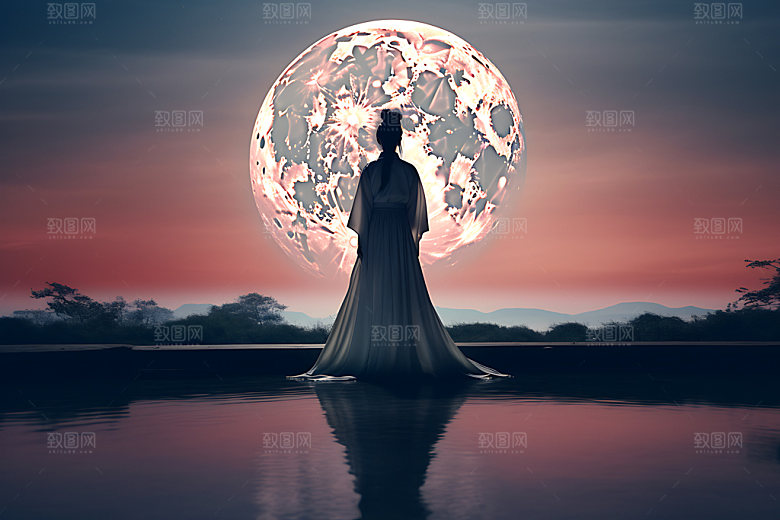 月亮人物剪影中秋节传统佳节插画