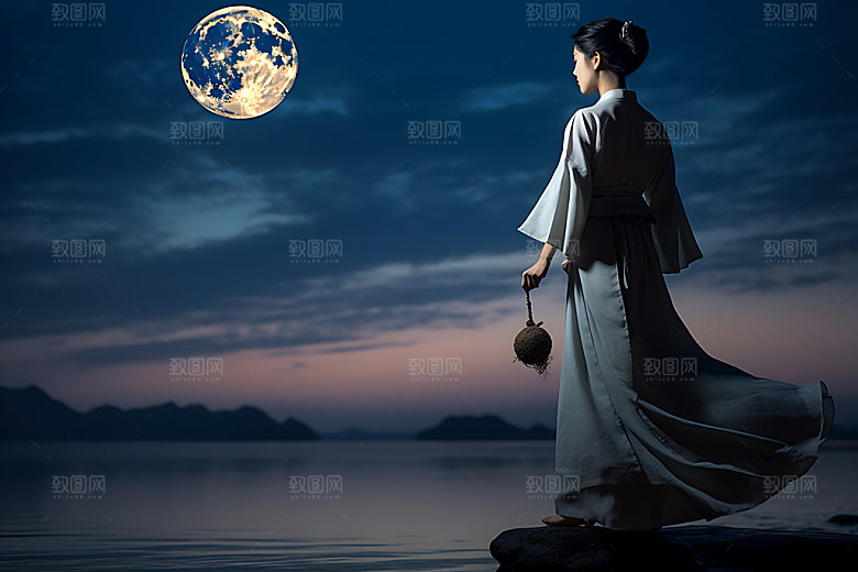 月亮人物剪影中国风中秋节插画
