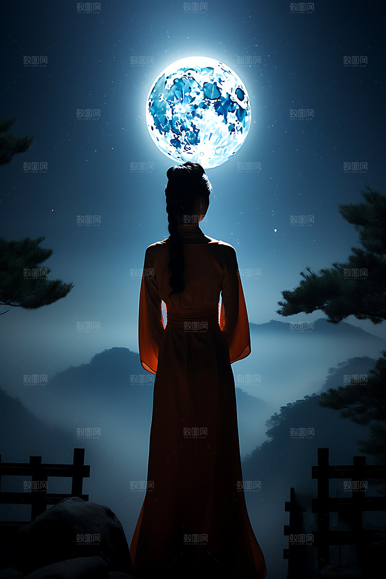 月亮人物剪影中秋节中国风插画