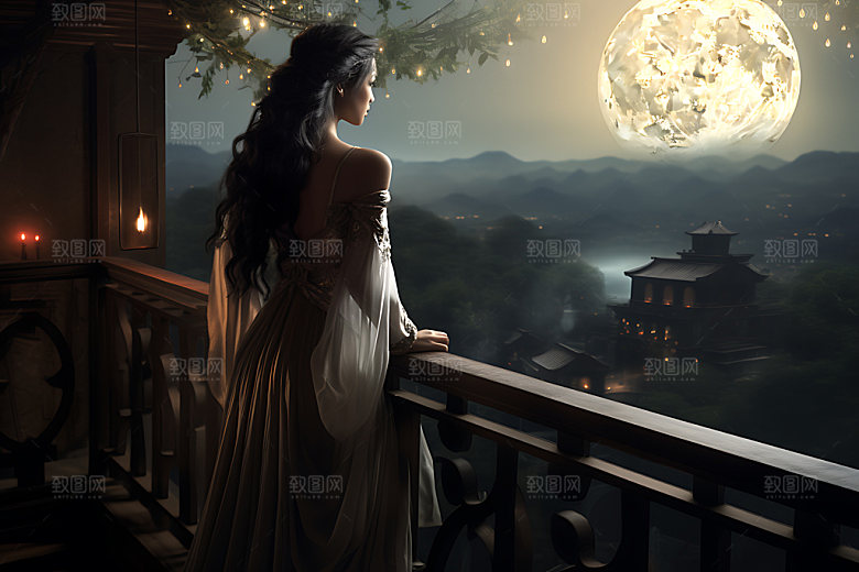 月亮人物剪影中国风传统佳节插画