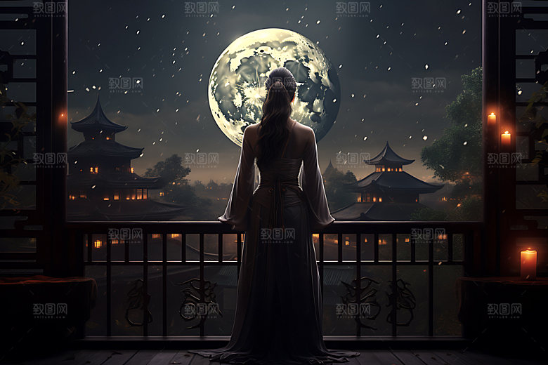 月亮人物剪影中秋赏月思乡插画