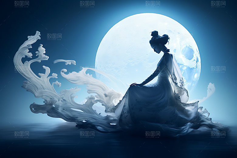 月亮人物剪影传统佳节中秋节插画