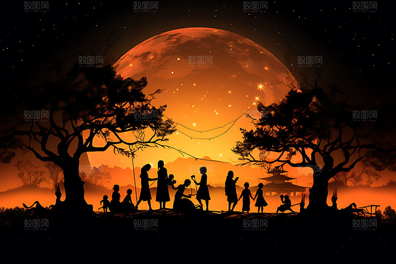月亮人物剪影中秋节传统佳节插画