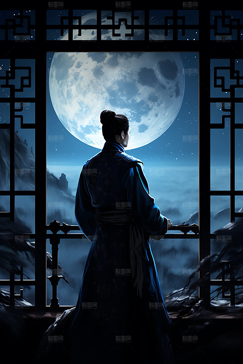 月亮人物剪影传统佳节思乡插画
