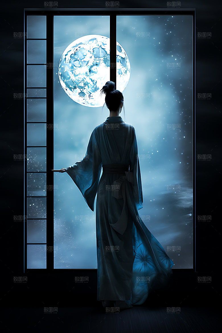 月亮人物剪影思乡传统佳节插画