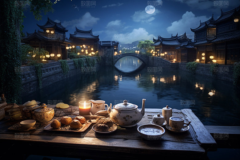 月圆倒影中秋中国风素材