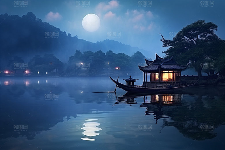 月圆倒影静谧中秋素材
