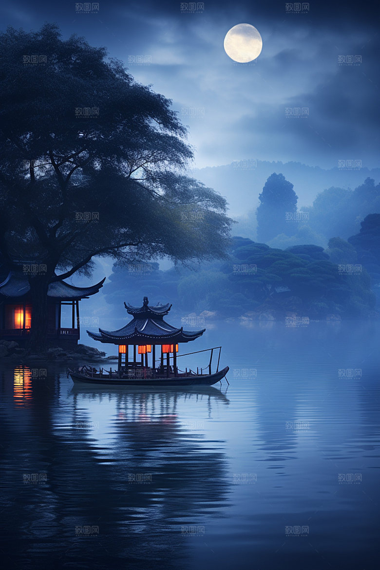 月圆倒影高清夜晚素材
