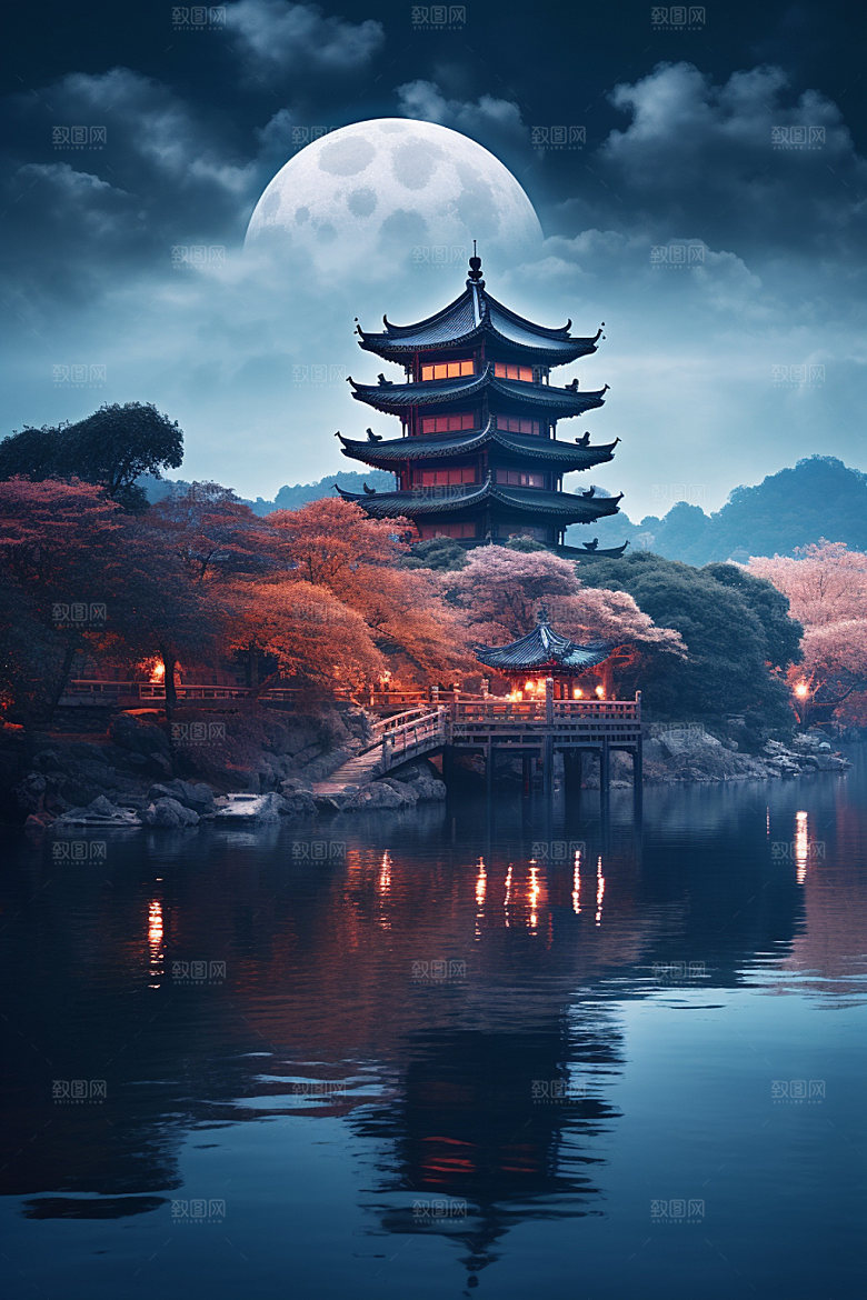 月圆倒影夜晚月满西楼素材