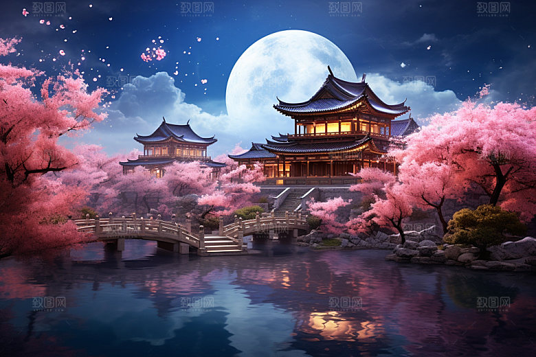 月圆倒影风光中秋素材
