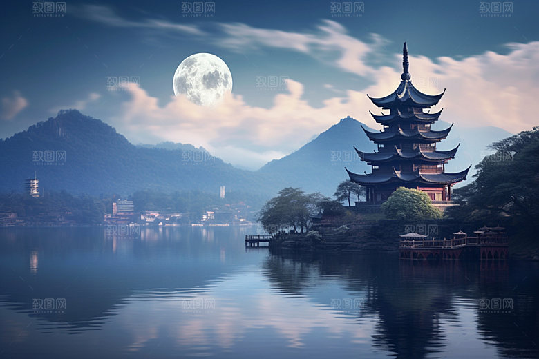 月圆倒影风光禅意素材