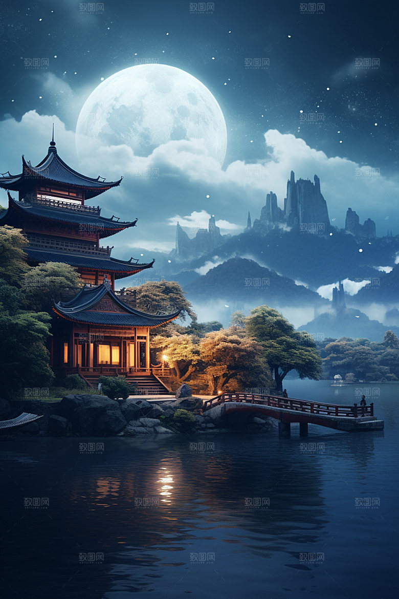 月圆倒影高清中秋素材