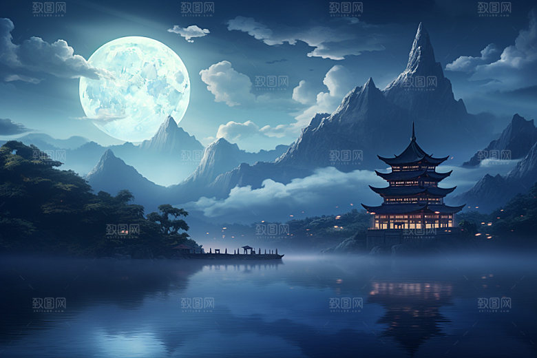 月圆倒影禅意月满西楼素材