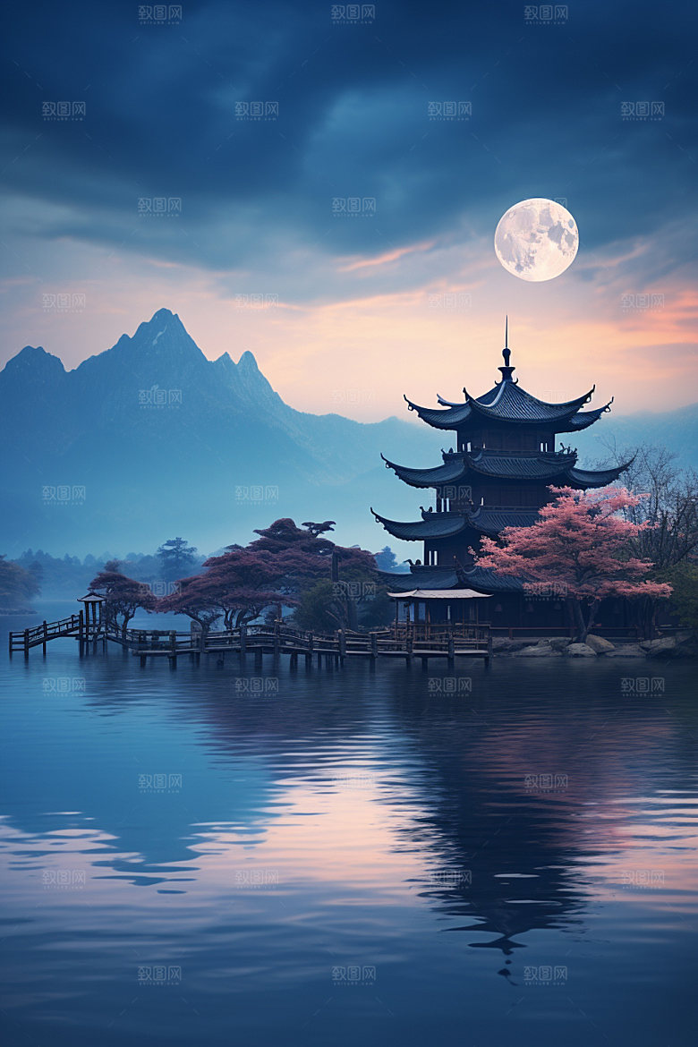 月圆倒影中秋中国风素材