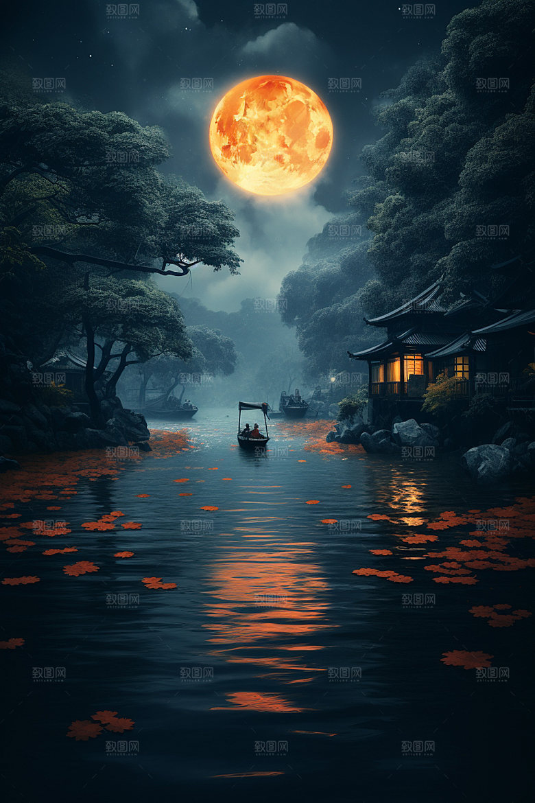 月圆倒影风光静谧素材