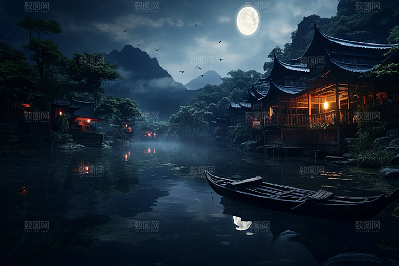 月圆倒影风光夜晚素材