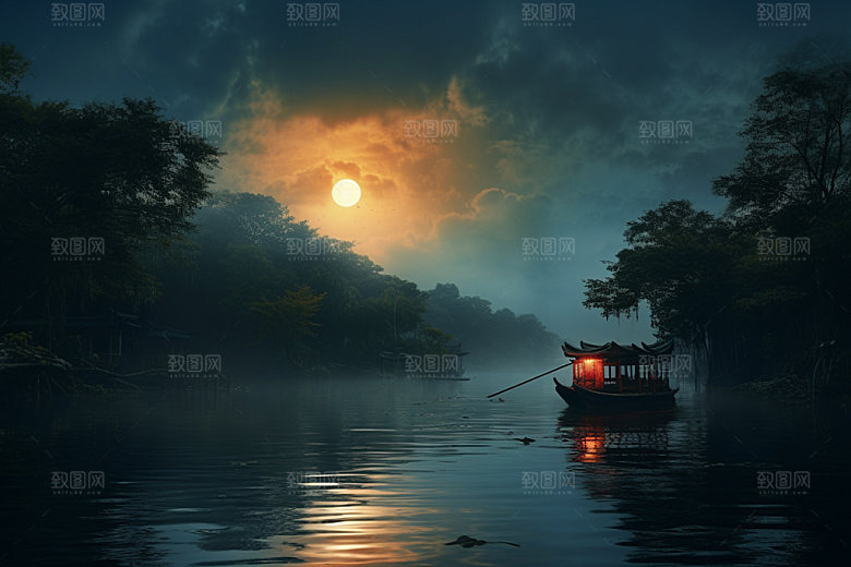月圆倒影禅意风光素材