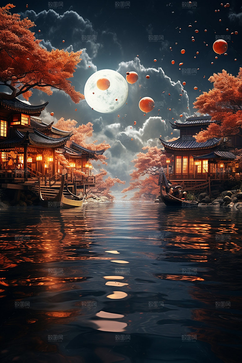 月圆倒影夜晚中秋素材