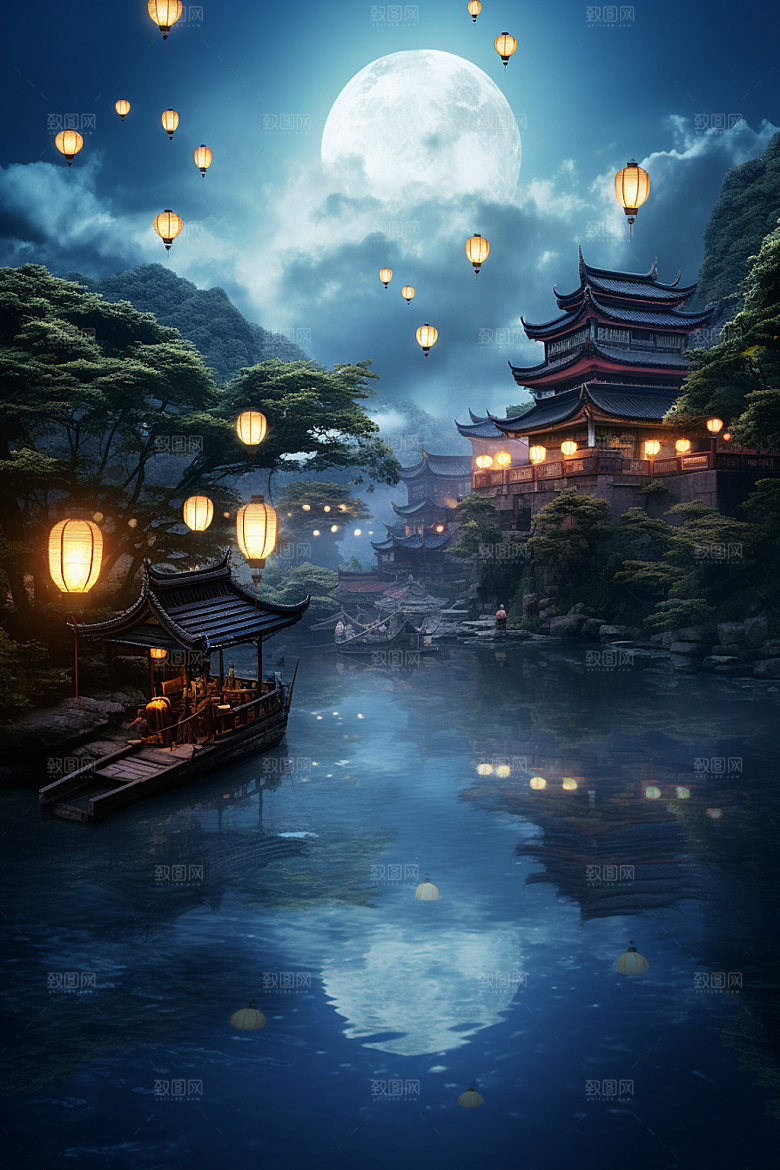 月圆倒影中秋静谧素材