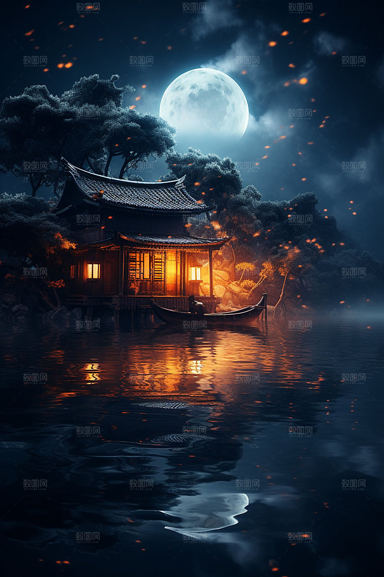 月圆倒影夜晚静谧素材