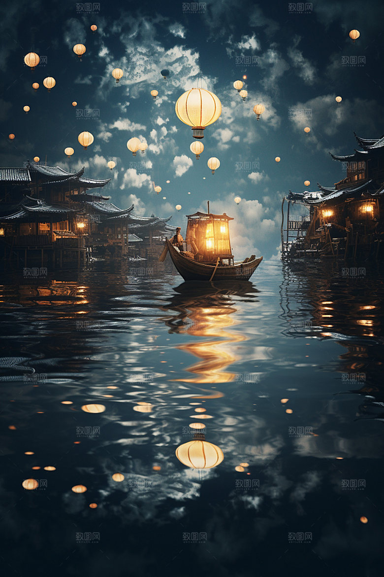 月圆倒影禅意山水素材