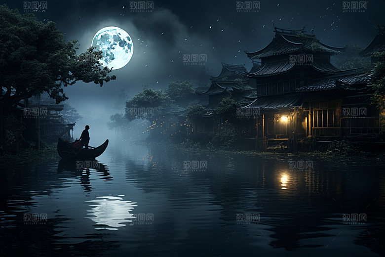 月圆倒影月满西楼高清素材
