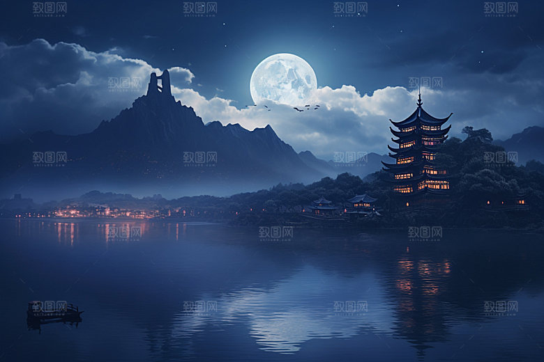 月圆倒影月满西楼高清素材