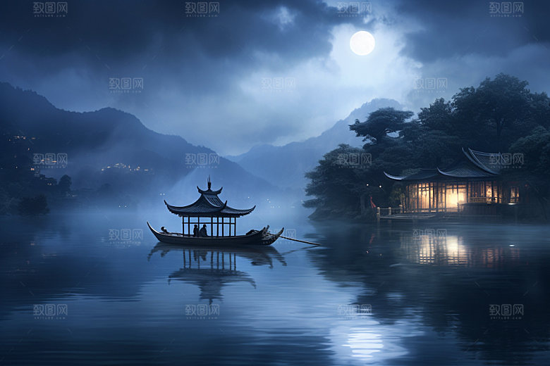 月圆倒影月满西楼山水素材