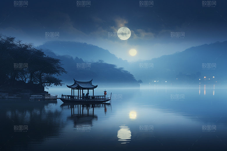 月圆倒影高清中国风素材
