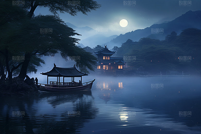 月圆倒影高清禅意素材