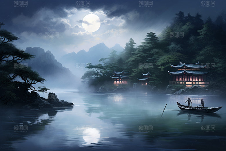 月圆倒影禅意中秋素材