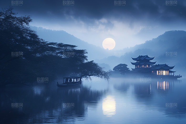 月圆倒影中国风月满西楼素材
