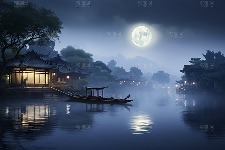 月圆倒影中国风高清素材