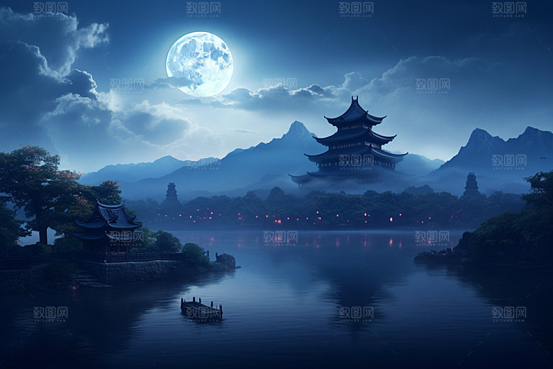 月圆倒影夜晚山水素材