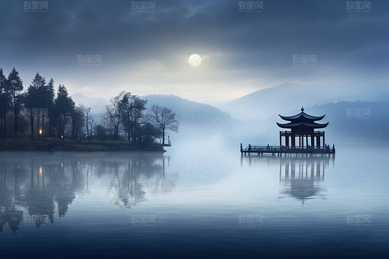 月圆倒影风光中国风素材