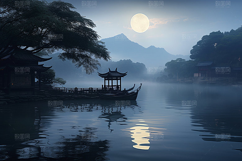 月圆倒影静谧夜晚素材