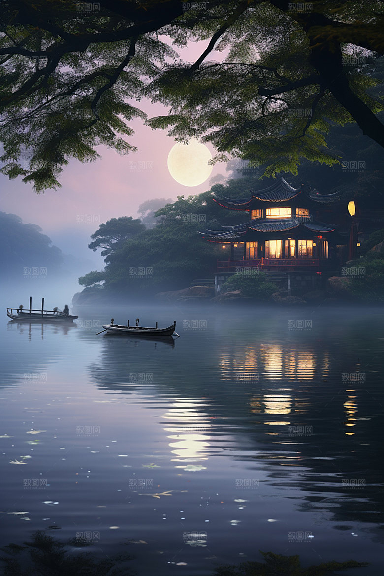 月圆倒影静谧中国风素材