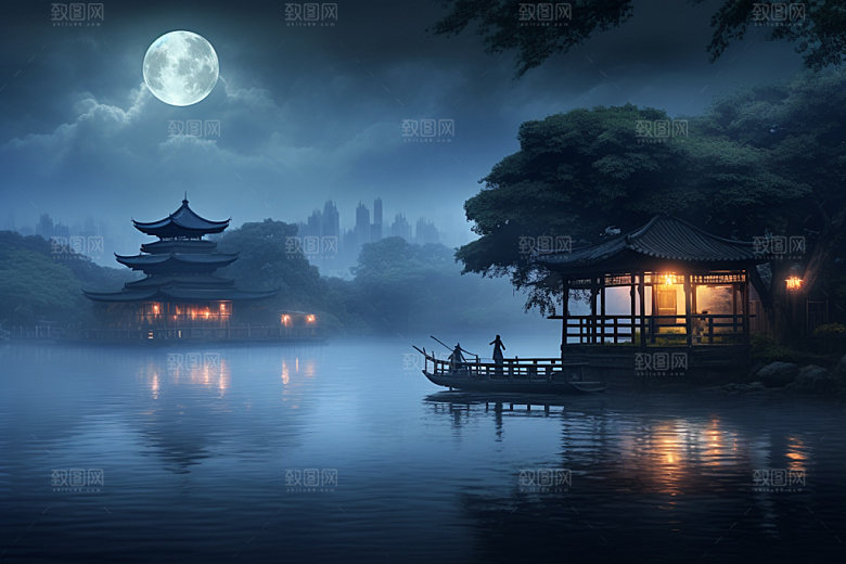 月圆倒影高清静谧素材