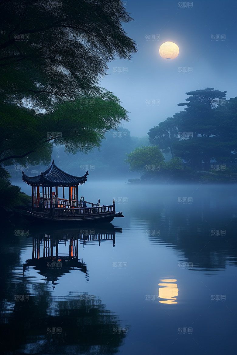 月圆倒影禅意中秋素材