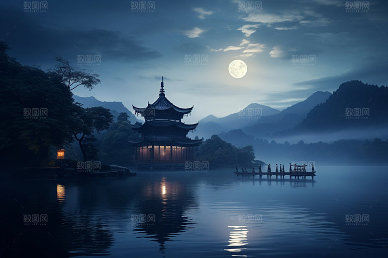 月圆倒影中国风风光素材