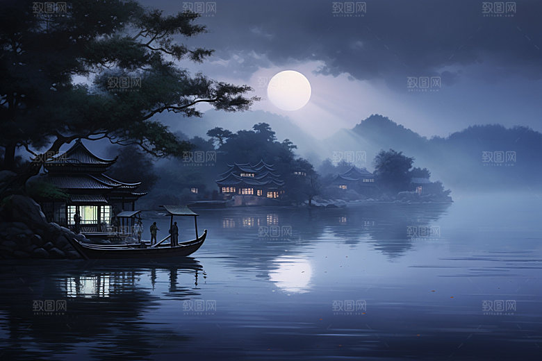 月圆倒影中国风中秋素材