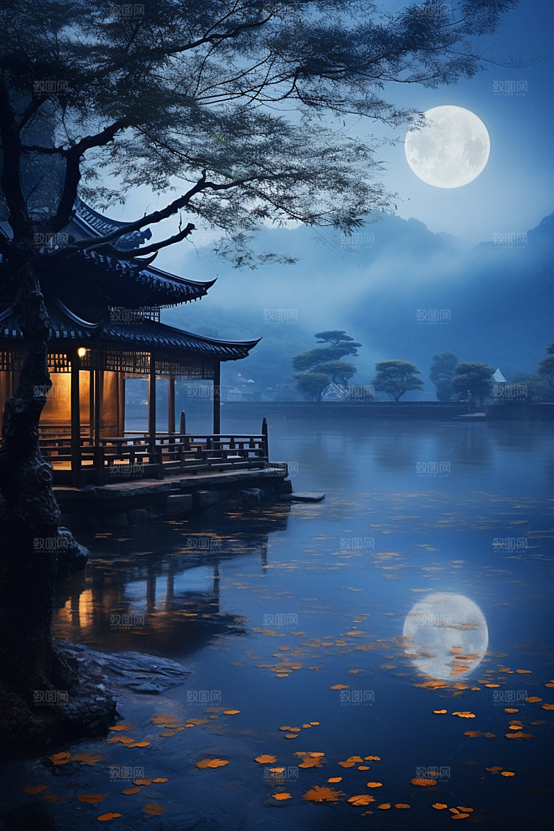 月圆倒影高清夜晚素材