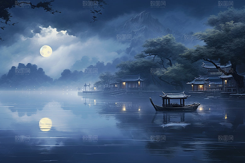 月圆倒影月满西楼禅意素材