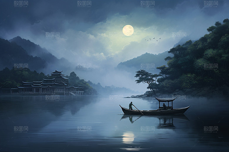 月圆倒影静谧月满西楼素材
